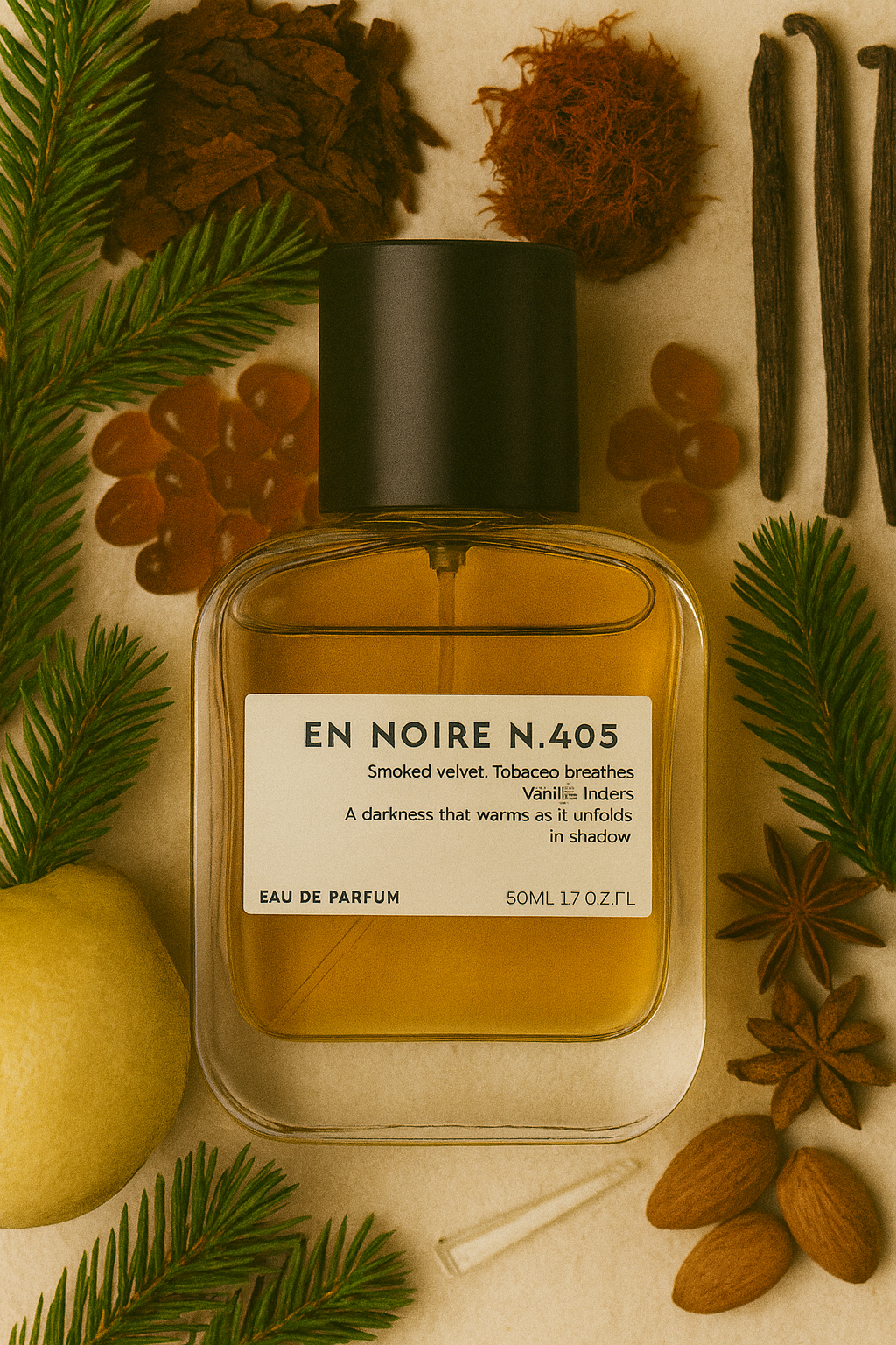 En Noire N.405 perfume bottle displayed on dark fabric with soft shadows and moody lighting. A minimalist design housing a deep, spicy fragrance inspired by Tom Ford’s Tobacco Vanille—our elevated dupe, offering the same rich warmth at a fraction of the price.