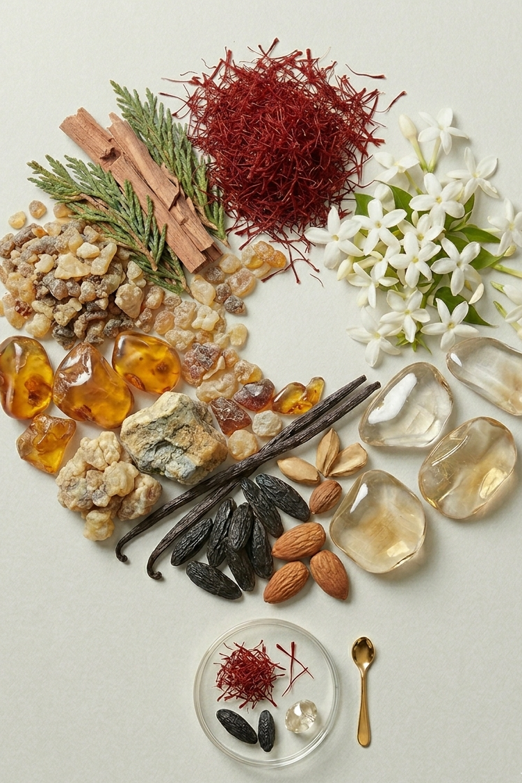 A flatlay of Benihi Glow N.305’s core ingredients—vivid saffron threads, white jasmine petals, raw amber resin, cedar shavings, and soft musk powder—artfully arranged on a neutral backdrop. A visual story of warmth, contrast, and radiant elegance, dupe of Baccarat Rouge 540. 