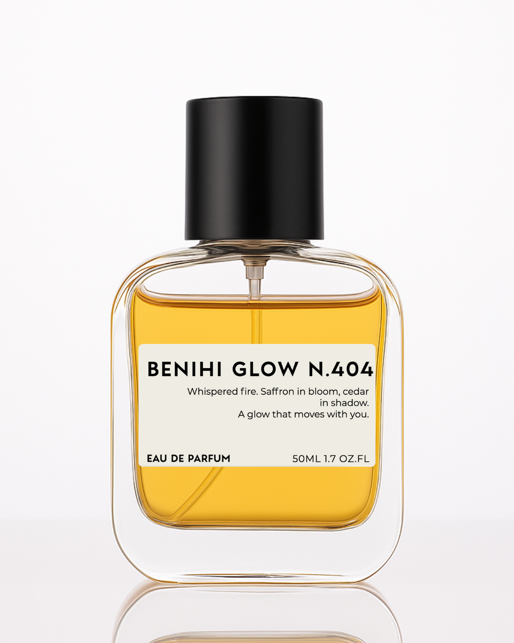 Minimalist close-up of the Benihi Glow N.305 perfume bottle, styled on soft neutral fabric with warm, diffused lighting. The design is clean and modern, reflecting the fragrance’s quiet intensity and saffron-inspired warmth—a luxe dupe of Baccarat Rouge 540 without the luxury price tag.