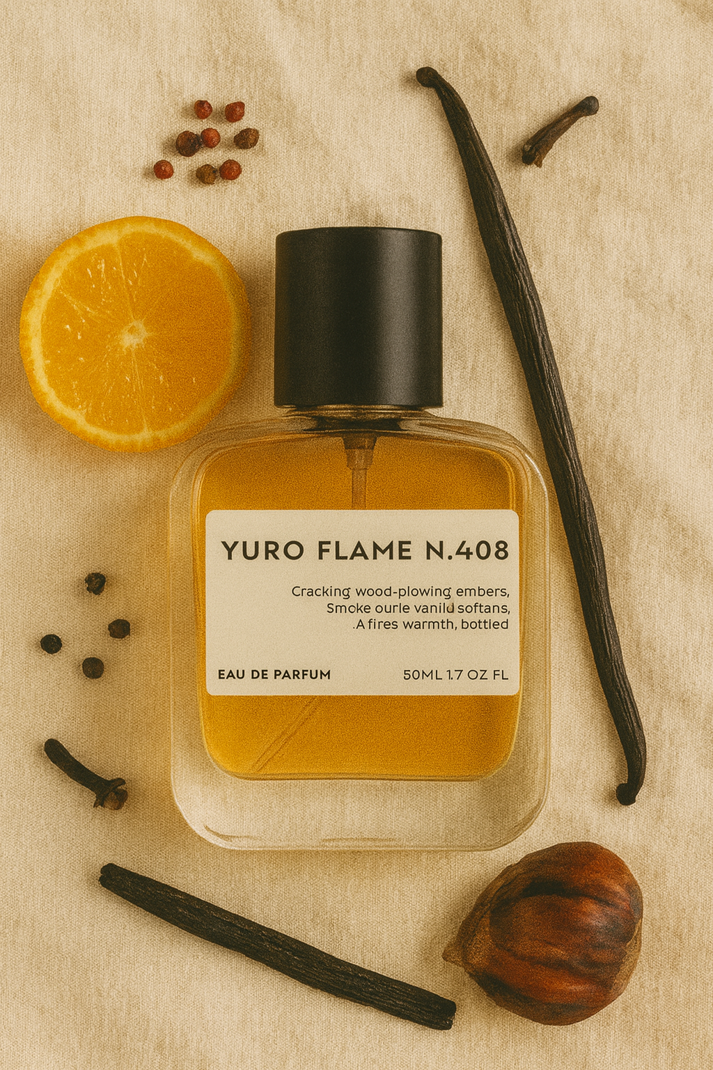 Yuro flame N.408 perfume bottle with orange, cinnamon sticks, and other ingredients on a beige background