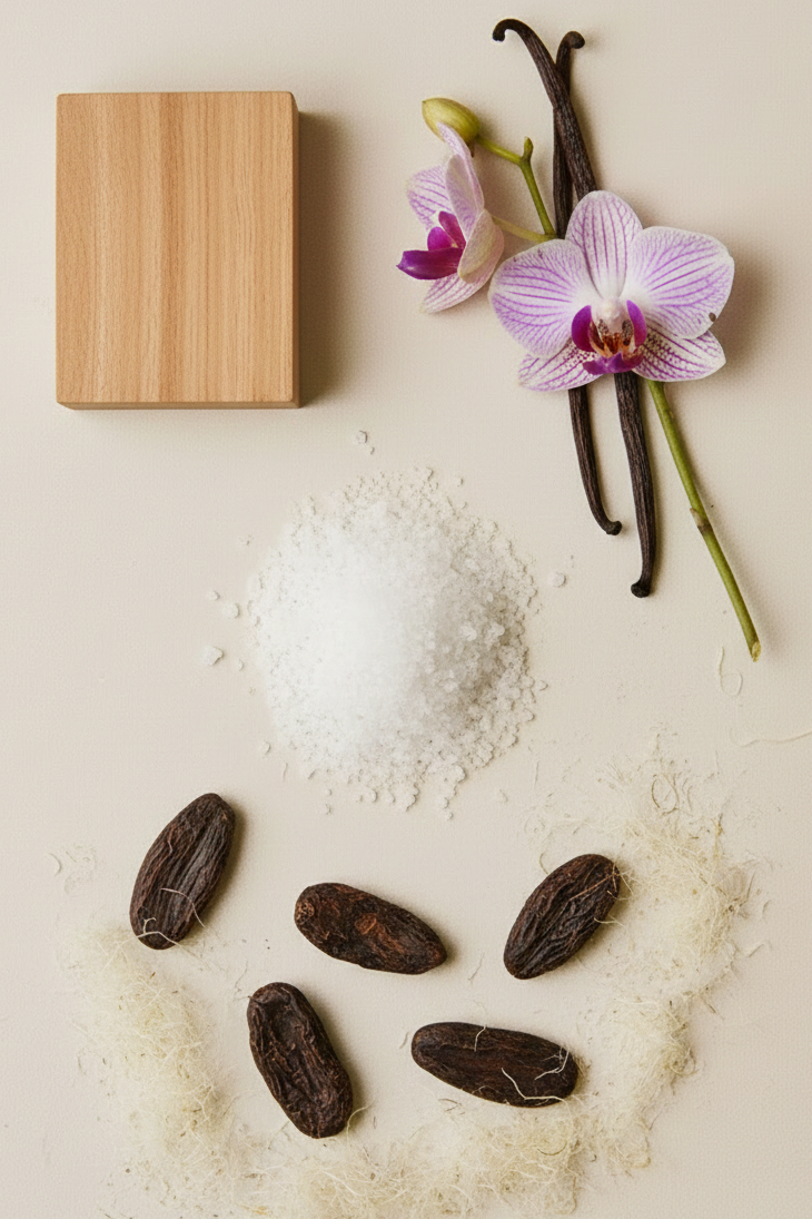 Geurnoten inspiration perfume Vanilla Vibes - Vanilla, Orchidee, Tonkaboon, Sandelhout, Zeeout. 