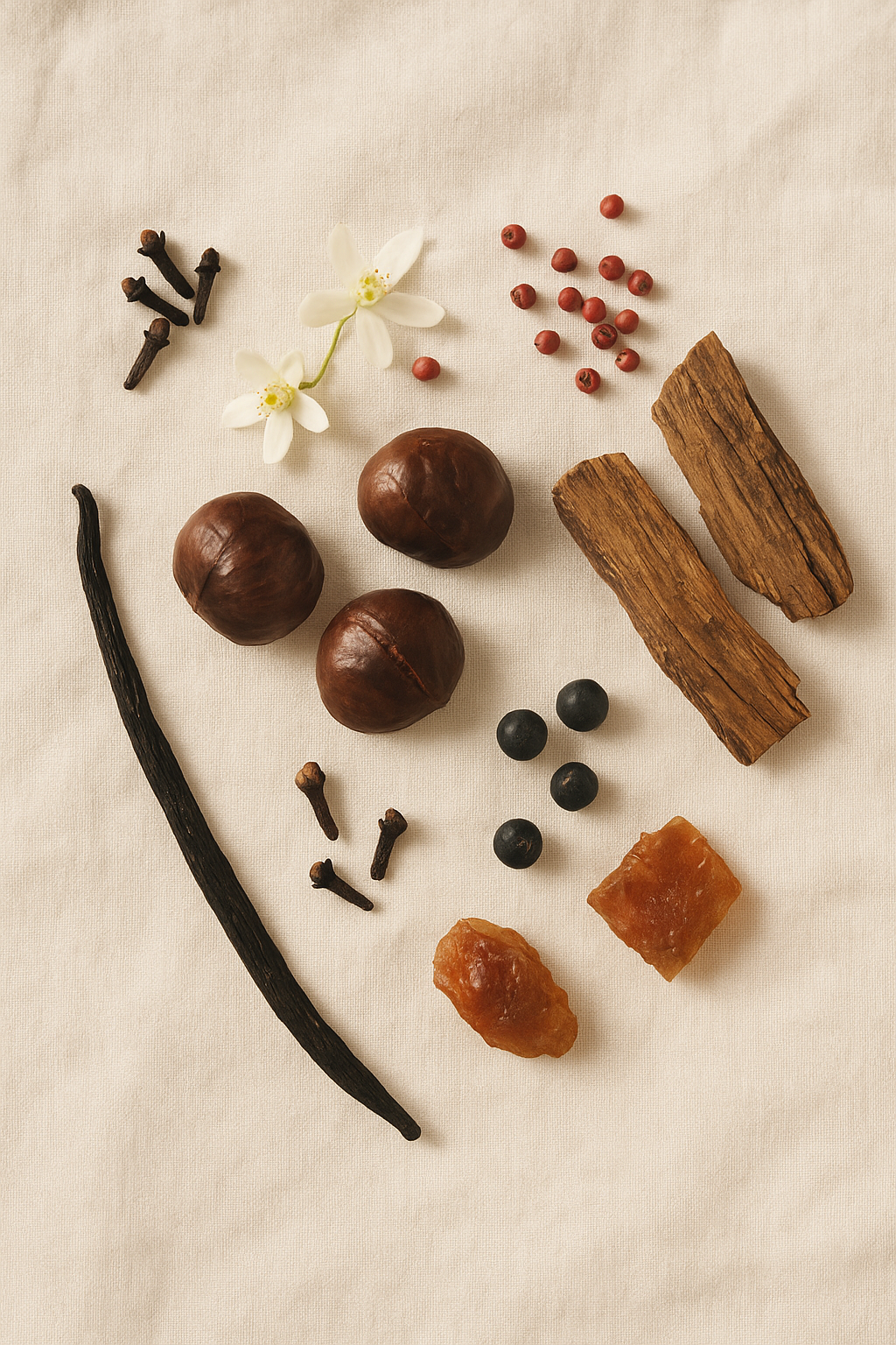 Top Notes: Pink Pepper, Orange Blossom, Clove
Heart Notes: Chestnut, Guaiac Wood, Juniper, Balsam
Base Notes: Vanilla, Peru Balsam, Cashmeran, Smoky Woods