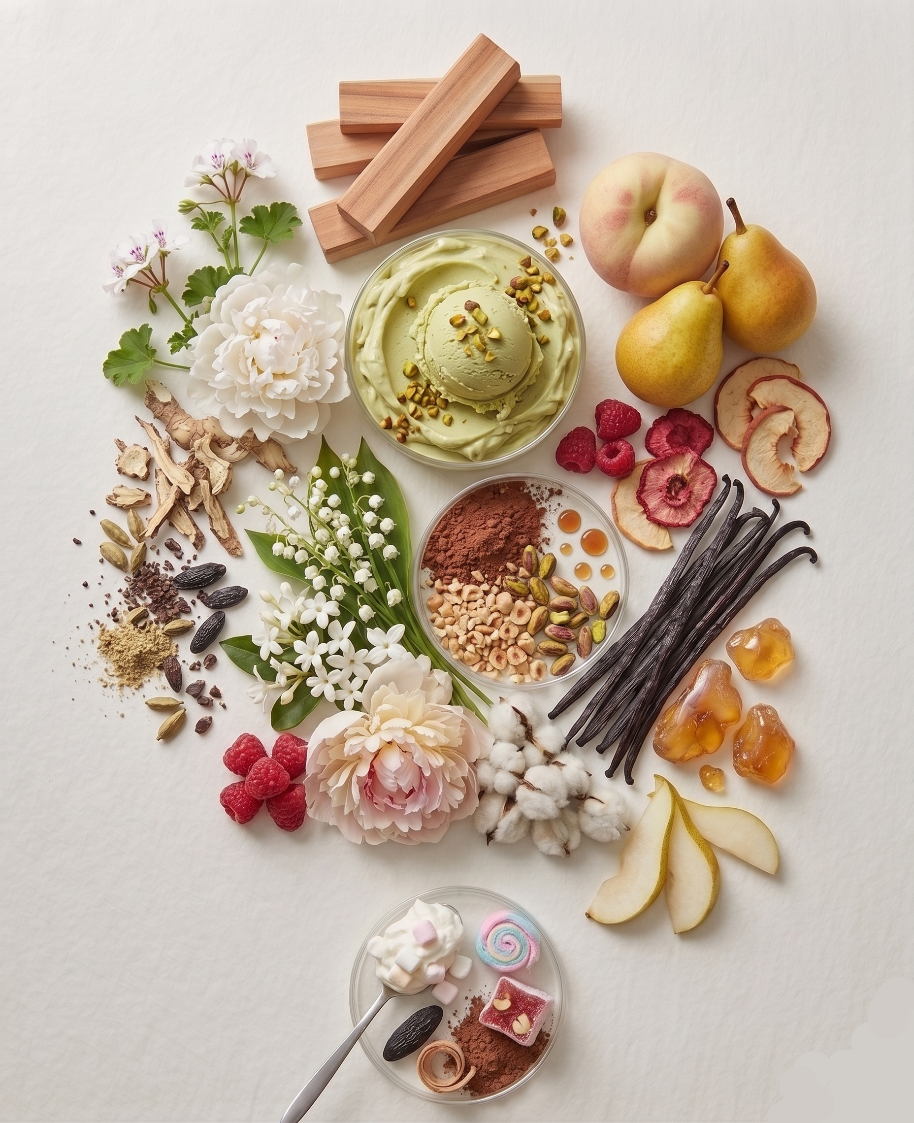 Top Notes: Italian Bergamot, Pistachio Gelato, Hazelnut, Sweet Rum & Cardamom

Middle Notes: Geranium, White Peony, Muguet, Jasmine, Raspberry, White Peach & Pear

Base Notes: Whipped Cream, Marshmallows, Cotton Candy, Turkish Delight Accord, Cocoa, Cedarwood, Sandalwood & Tonka