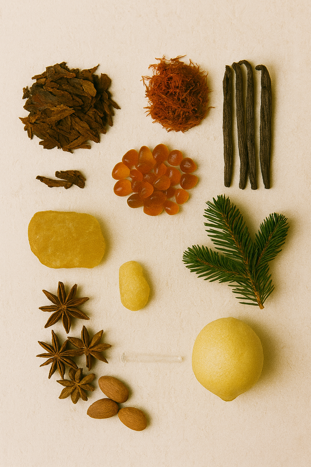 A flatlay of En Noire N.406’s key ingredients—tobacco leaves, vanilla pods, clove, dried fruits, and tonka bean—styled beside the bottle on moody fabric. A rich, visual composition that highlights this elegant dupe of Tom Ford’s Tobacco Vanille—deep, spicy, and indulgent without the designer price.