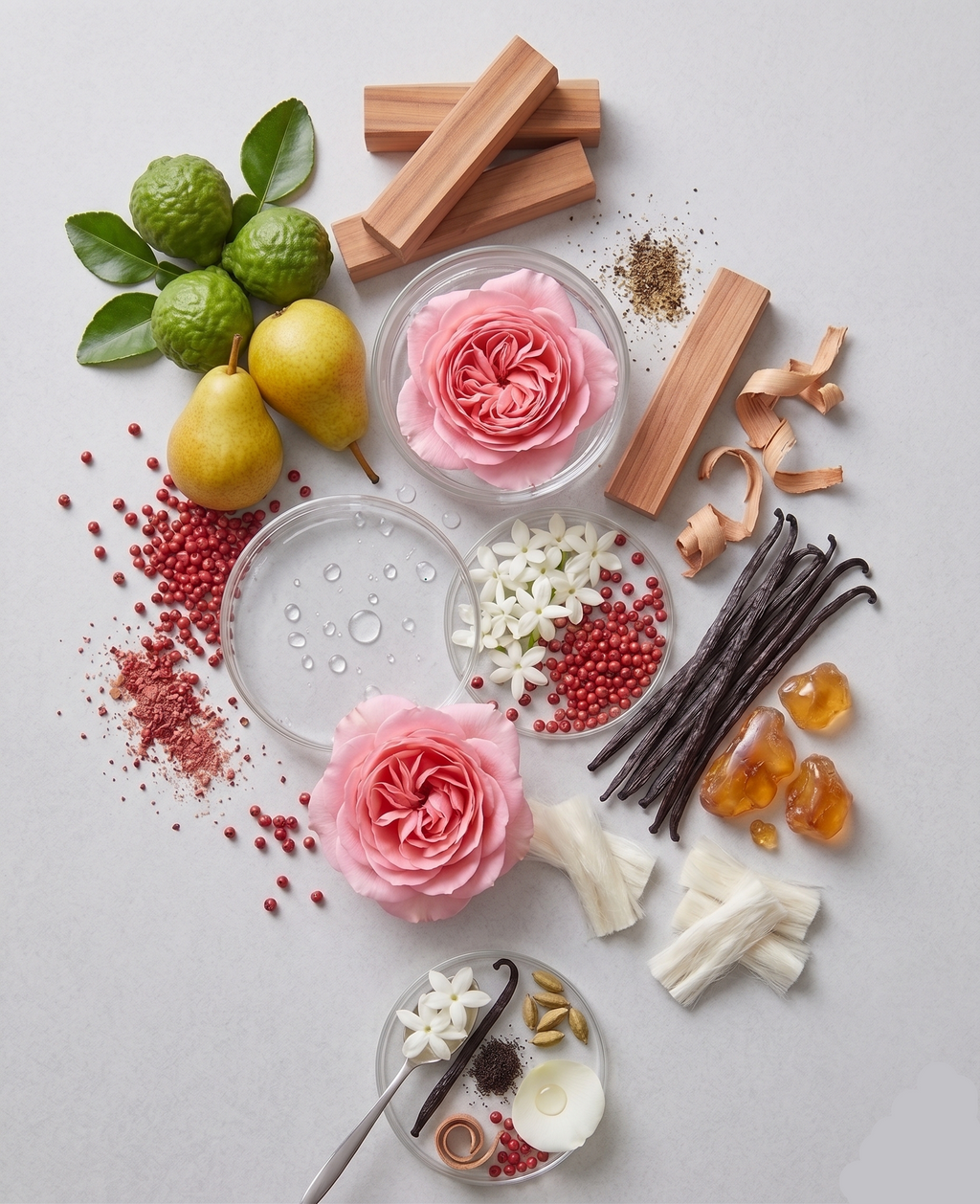 Top notes are Pear, Bergamot and Pink Pepper; middle notes are Rose and Jasmine; base notes are White Musk, Vanilla, Patchouli and Cedar.