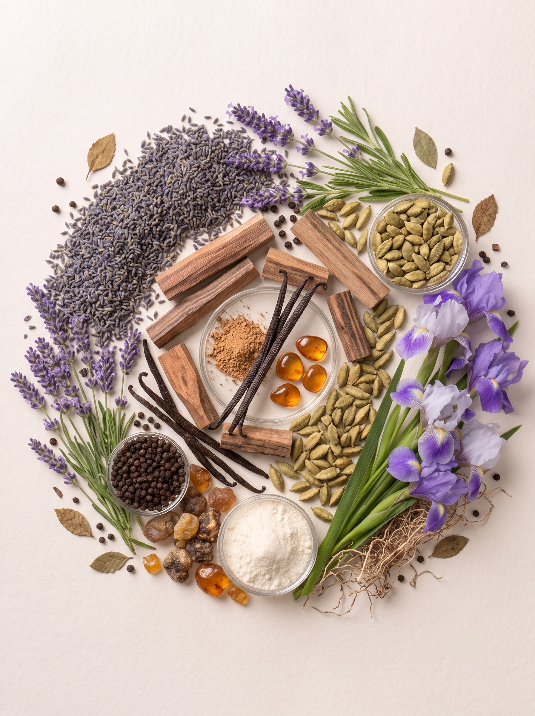 Top note is Cardamom; middle notes are Lavender and Iris; base notes are Vanilla, Oriental notes and Woodsy Notes.