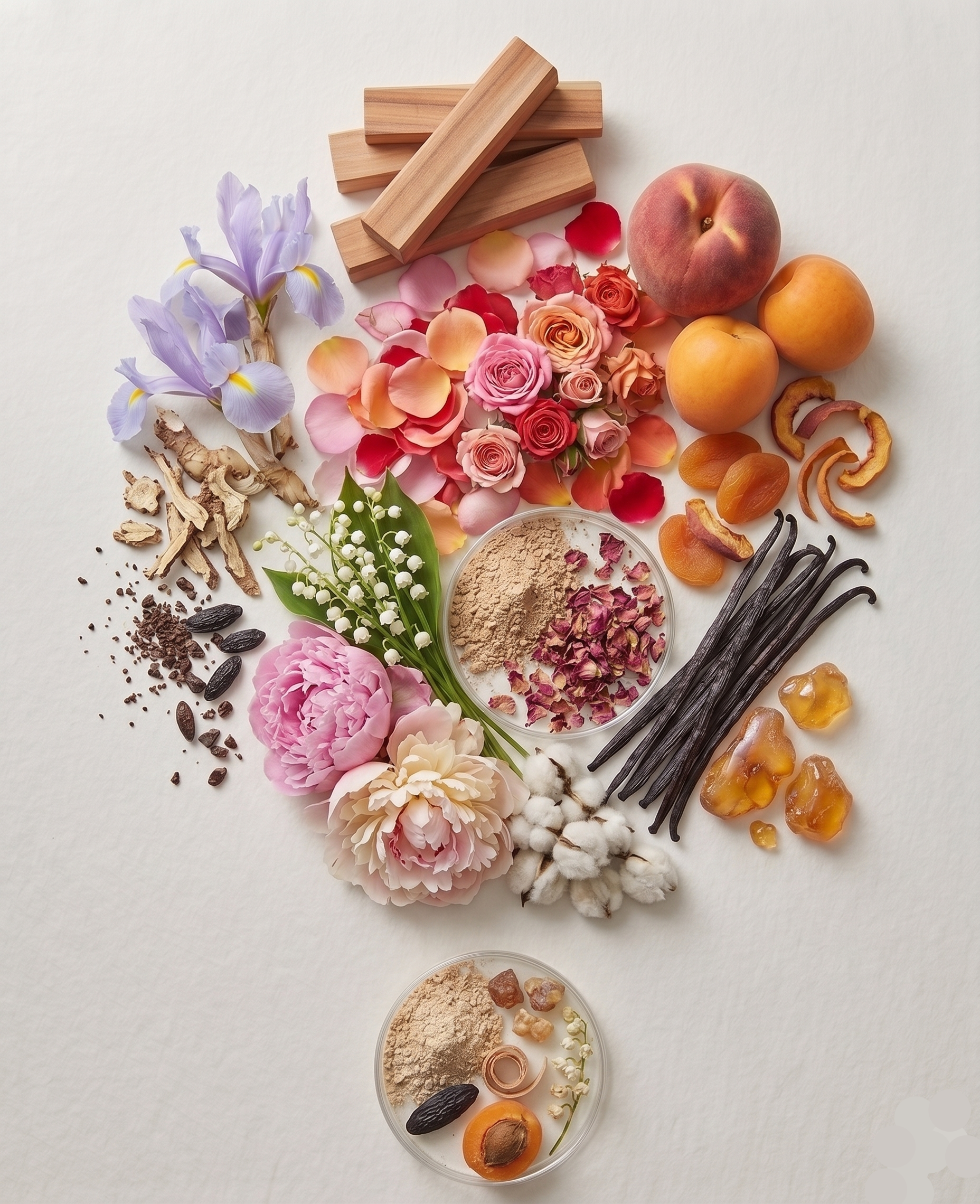 Top notes are Iris, Peony and Lily-of-the-Valley; middle notes are Rose, Apricot and Peach; base notes are Vanilla, Musk, Tonka Bean, Sandalwood and Benzoin.