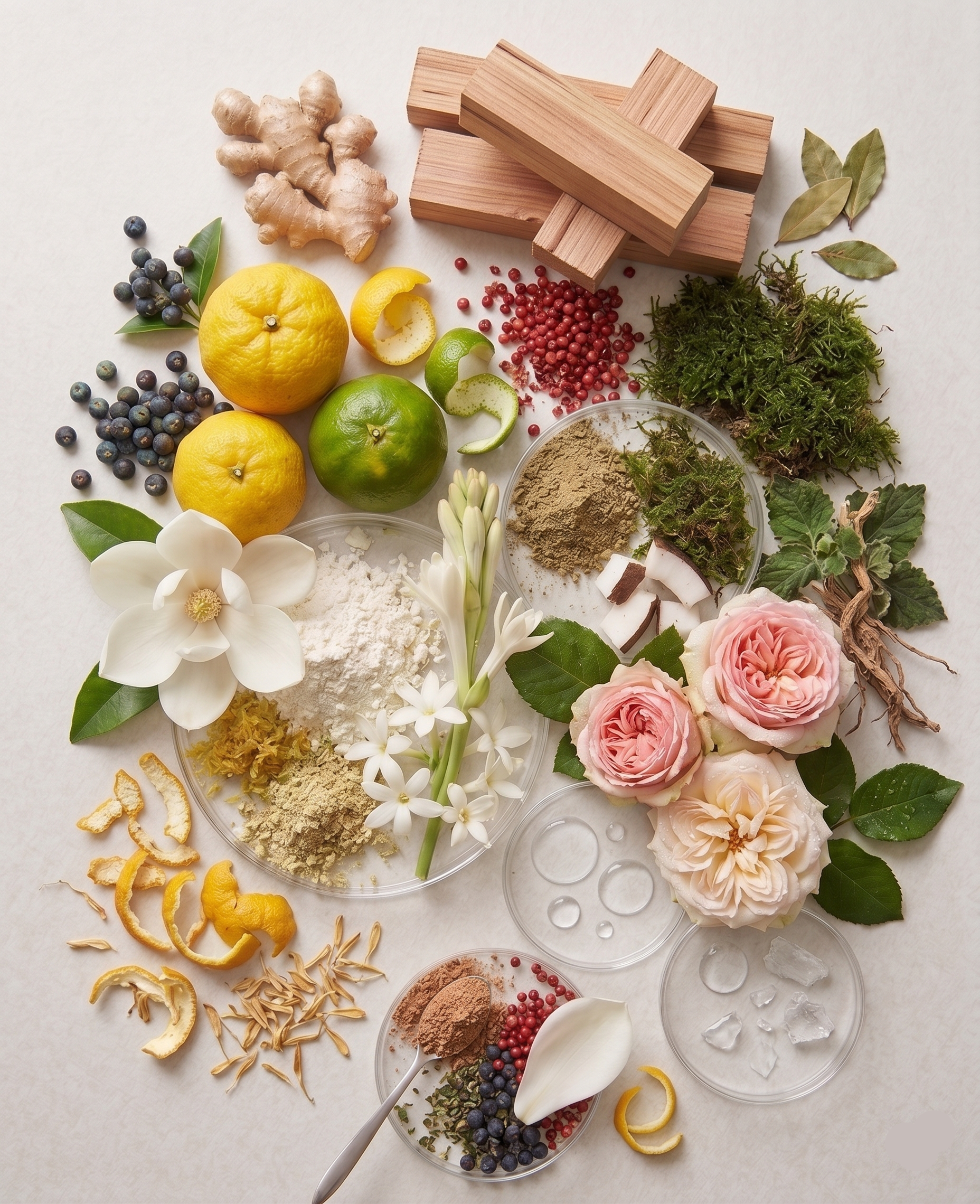 Top notes are Yuzu, Green Mandarin, juniper berry, Pink Pepper and Ginger; middle notes are Magnolia and Rose; base notes are Cedar and Musk.