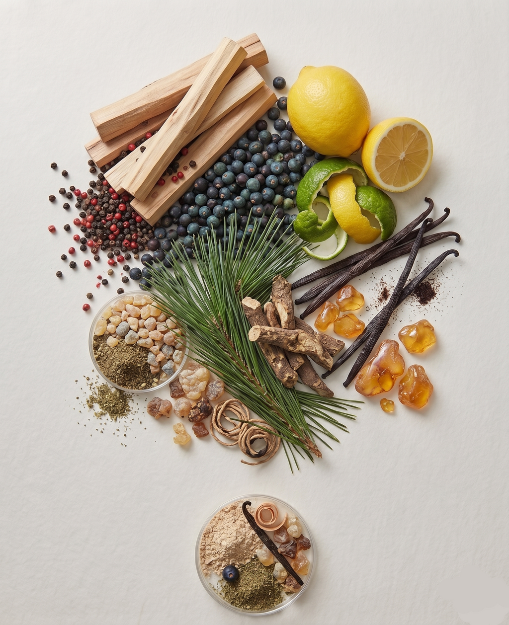 Tsuki Dust perfume ingredients – citrus fruits, woods, and earthy notes blended into a refined dupe of Byredo Gypsy Water.