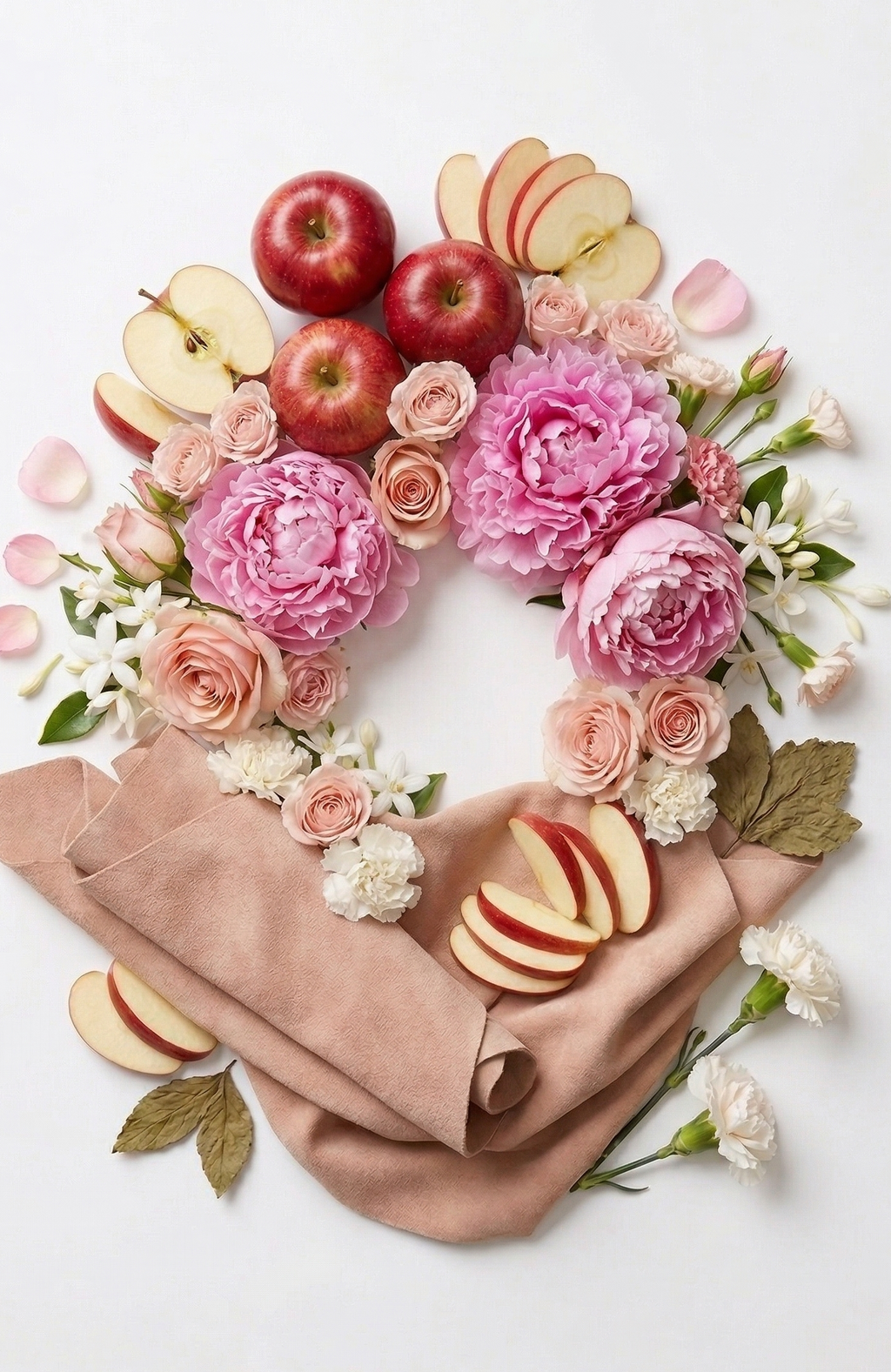 Stilleven van de natuurlijke ingrediënten van Toki Suede N.402: sappige rode appel, pioenroos, rozenblaadjes, jasmijnbloemen, suède en zachte houtaccenten – de kenmerkende geurtonen van deze elegante, langhoudende dupe van Peony & Blush Suede.