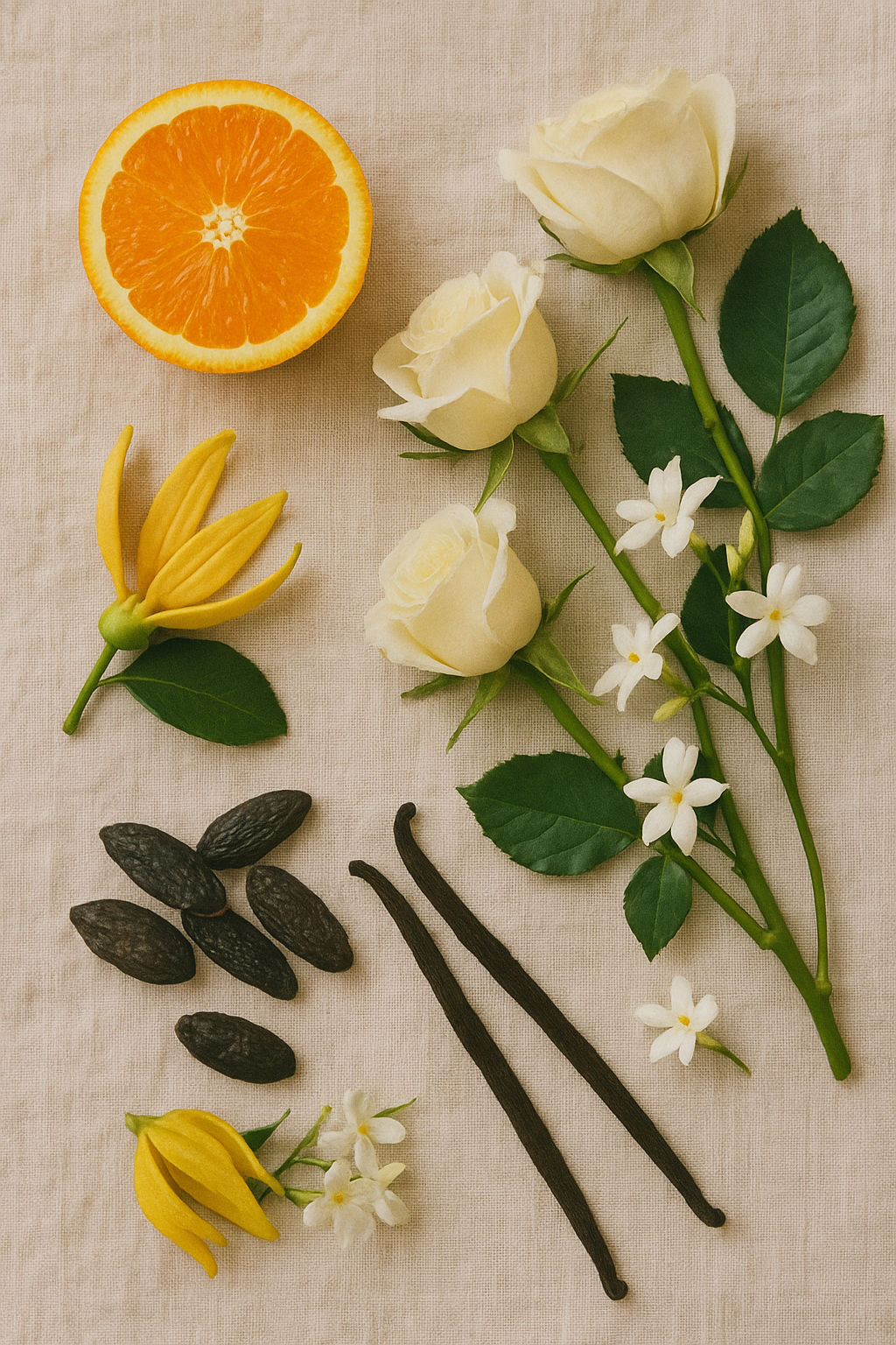 Geurnoten, flatlay van ingrediënten van parfum geïnspireerd op Chanel´s Coco Mademoiselle. 