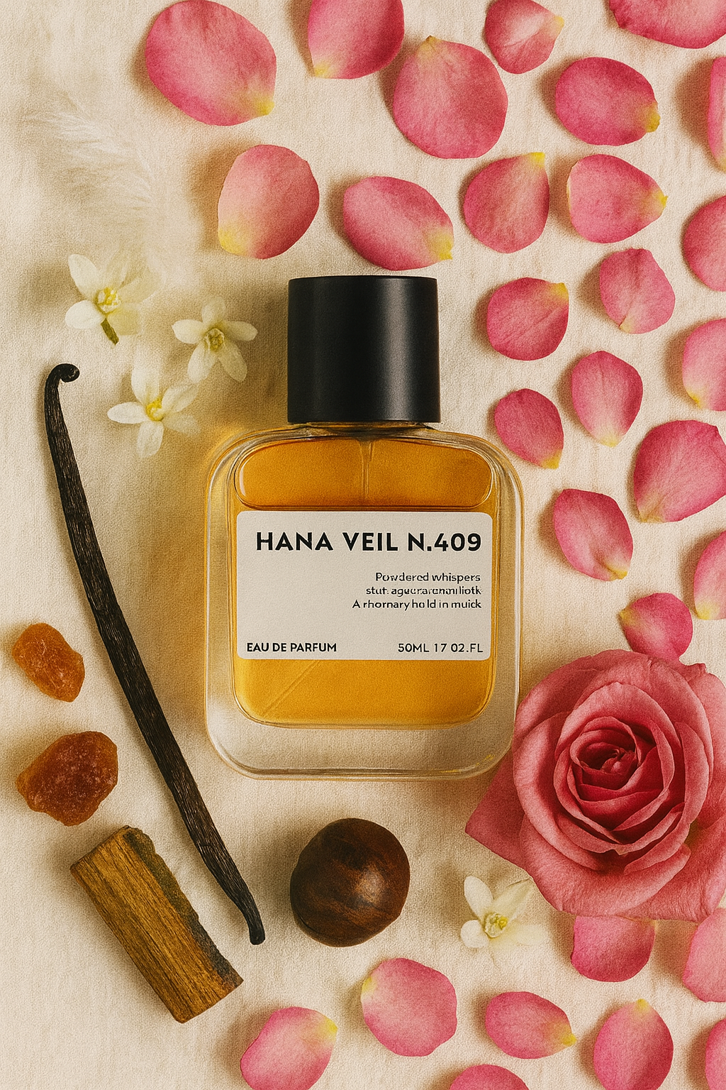 Hana Veil N.512 perfume bottle – inspired by Diptyque Fleur de Peau. Soft, musky unisex fragrance with 30% perfume oil.