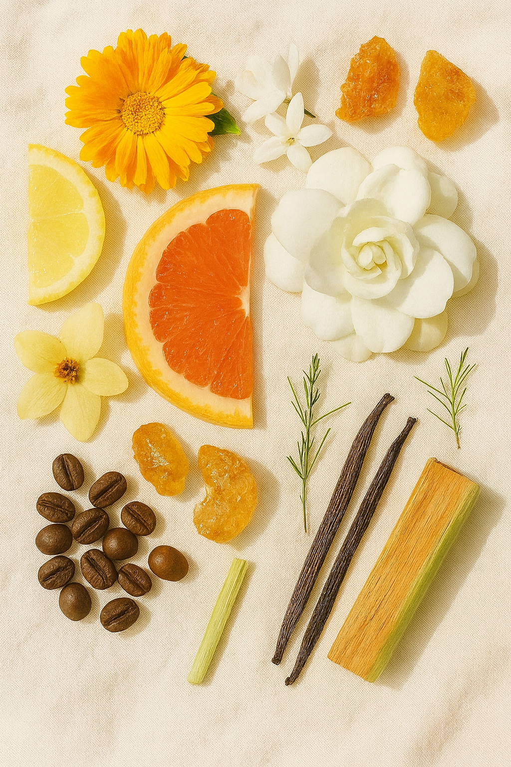 African Marigold, Neroli, Bergamot, Amalfi Lemon, Tagetes
Heart Notes: Violet, Jasmine, Cyclamen
Base Notes: Amber, Musk, Vetiver, Cedarwood