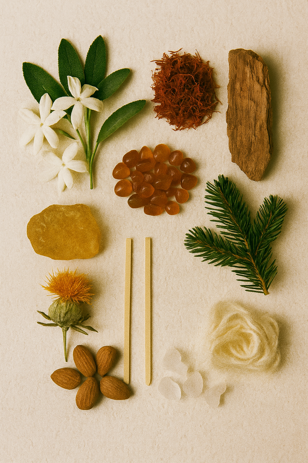 A flatlay of Benihi Glow N.305’s core ingredients—vivid saffron threads, white jasmine petals, raw amber resin, cedar shavings, and soft musk powder—artfully arranged on a neutral backdrop. A visual story of warmth, contrast, and radiant elegance, inspired by Baccarat Rouge 540.