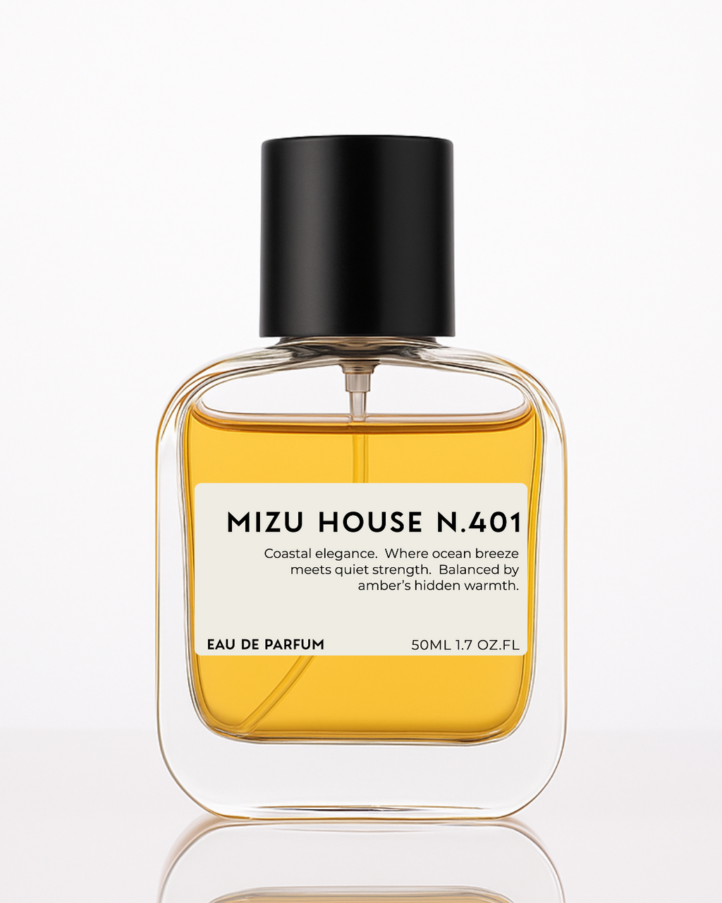 Minimalist bottle of Mizu House  – a fresh, unisex perfume inspired by Wood Sage & Sea Salt, with over 30% fragrance oil for long-lasting wear.