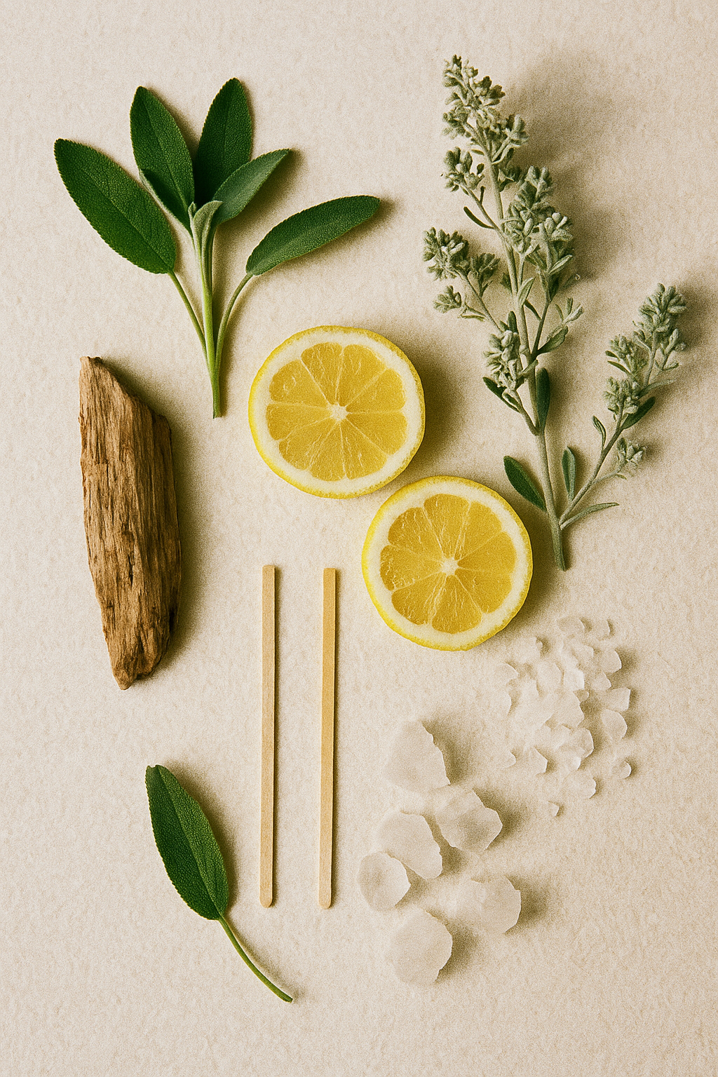ngredients of Mizu House perfume – fresh sage leaves, sea salt crystals, soft driftwood and pale mineral textures capturing the clean, coastal character of this Wood Sage & Sea Salt dupe.