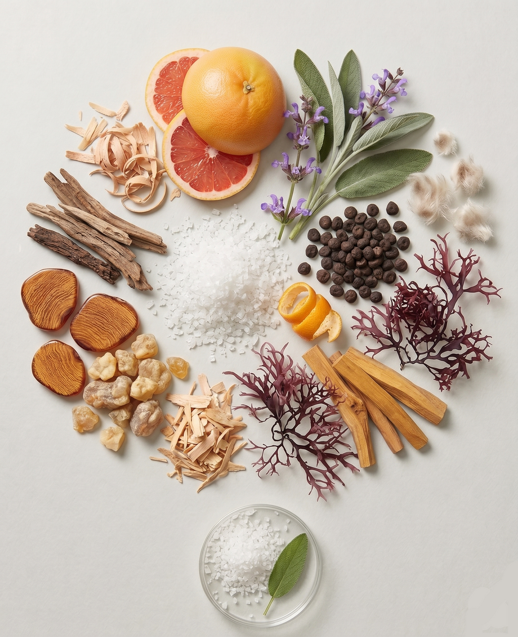 ngredients of Mizu House perfume – fresh sage leaves, sea salt crystals, soft driftwood and pale mineral textures capturing the clean, coastal character of this Wood Sage & Sea Salt dupe.