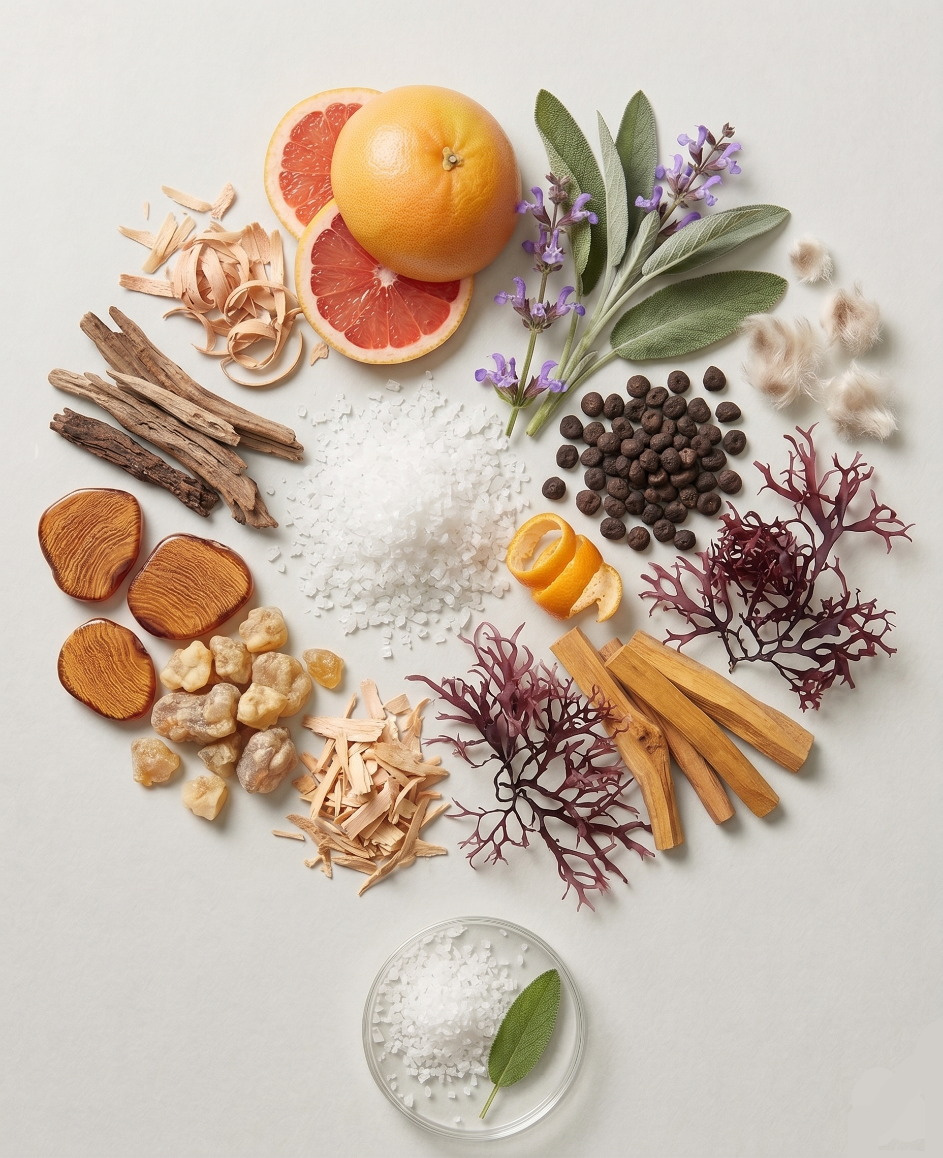 ngredients of Mizu House perfume – fresh sage leaves, sea salt crystals, soft driftwood and pale mineral textures capturing the clean, coastal character of this Wood Sage & Sea Salt dupe.