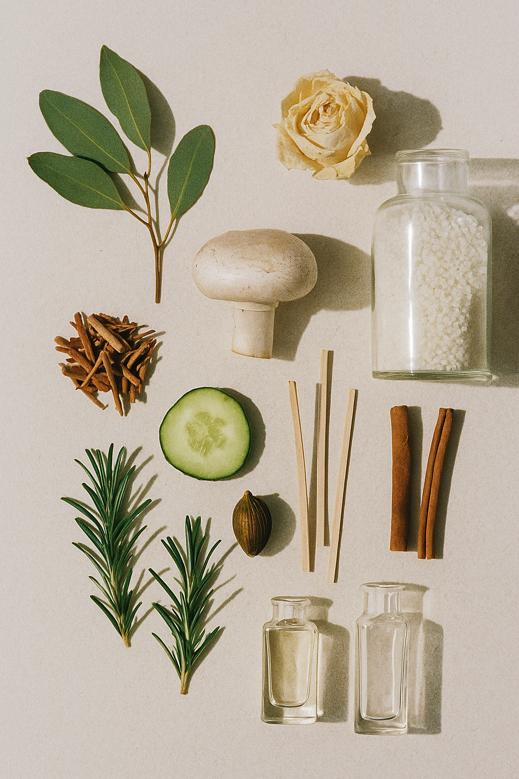 Flatlay van de ingrediënten van Sumi Root parfum, met sandelhout, cederhout, kardemom en leer – de kenmerkende noten van deze betaalbare dupe van Le Labo Santal 33.