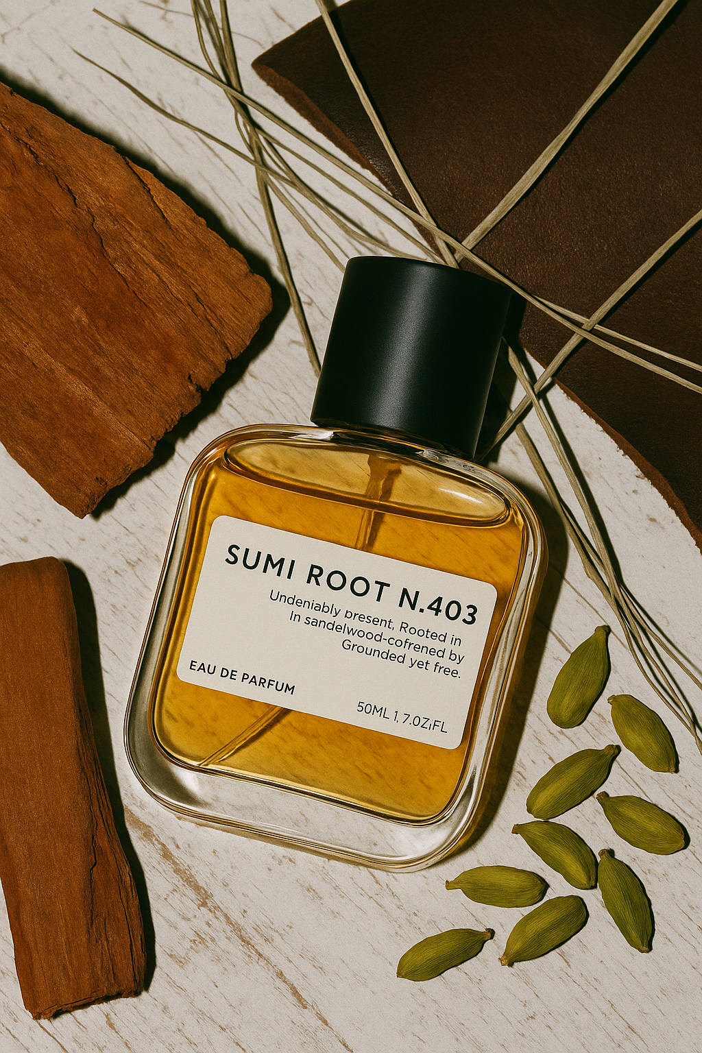 Een minimalistisch vormgegeven fles Sumi Root parfum, een dupe van Le Labo Santal 33, met een warme mix van sandelhout, ceder, leer en kardemom – luxe geur voor een fractie van de prijs.

