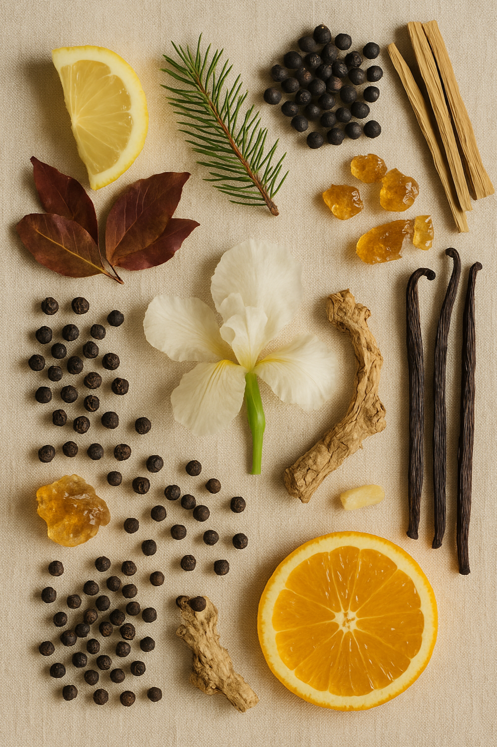 Tsuki Dust perfume ingredients – citrus fruits, woods, and earthy notes blended into a refined dupe of Byredo Gypsy Water.