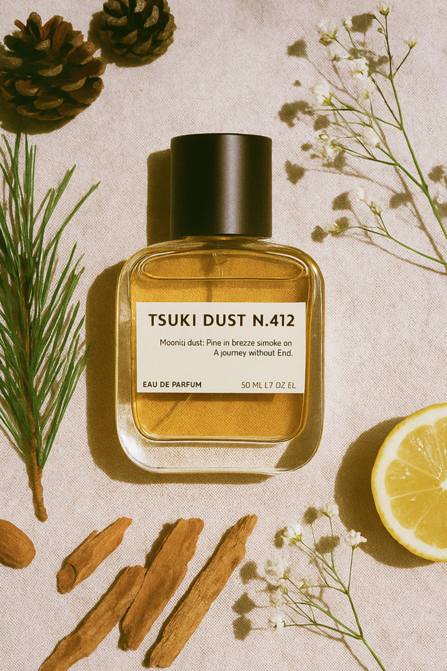 Tuski Dust perfume product photo – minimalist bottle, a luxury dupe of Byredo Gypsy Water with fresh woody and citrus notes.