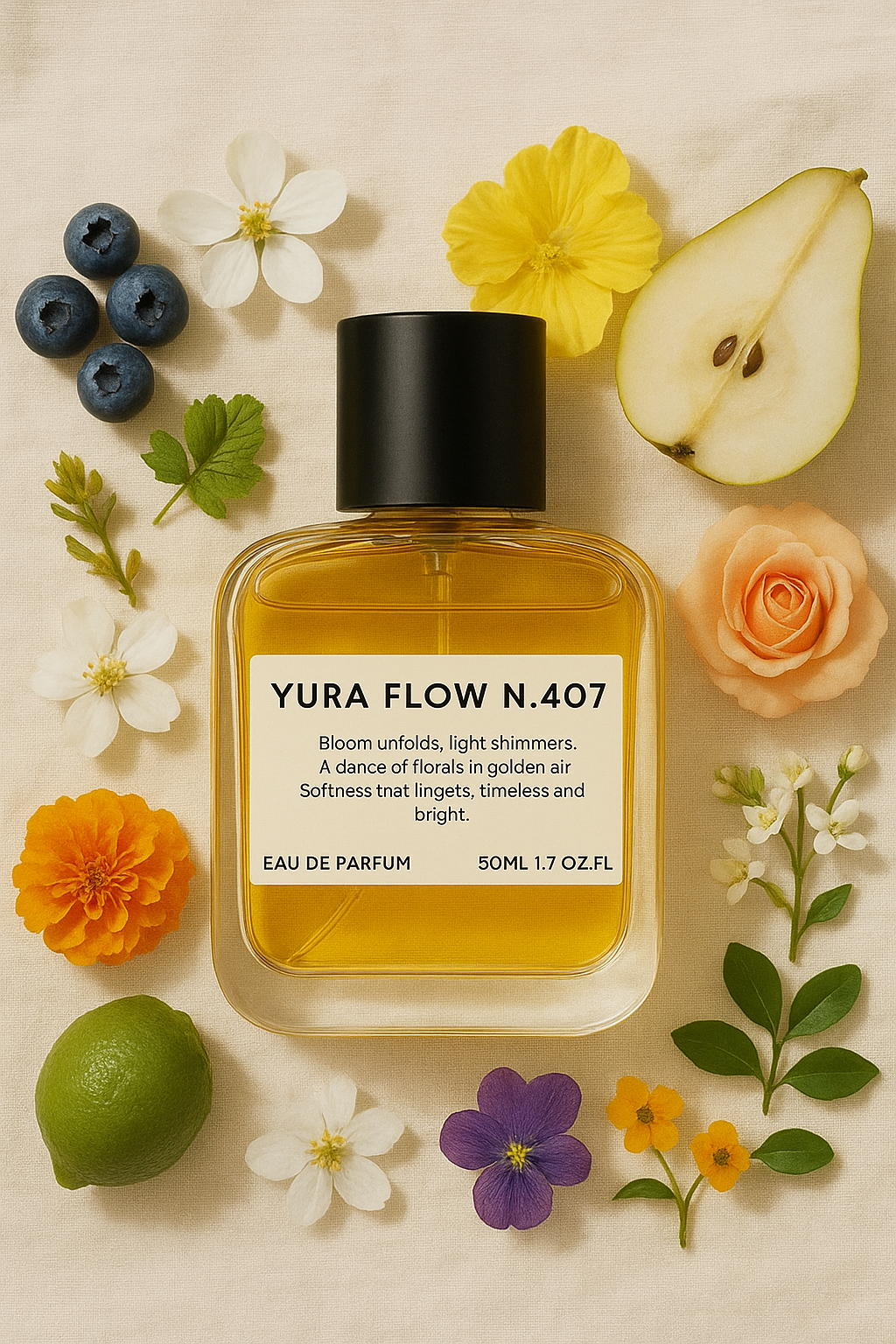 YURA FLOW N.407 perfume bottle surrounded by flowers and fruits on a beige background