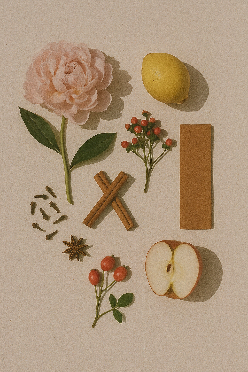 Stilleven van de natuurlijke ingrediënten van Toki Suede N.402: sappige rode appel, pioenroos, rozenblaadjes, jasmijnbloemen, suède en zachte houtaccenten – de kenmerkende geurtonen van deze elegante, langhoudende dupe van Peony & Blush Suede.